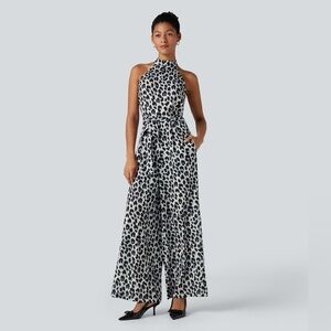 Halter Sleeveless Belted Leopard Party Jumpsuit with Pockets